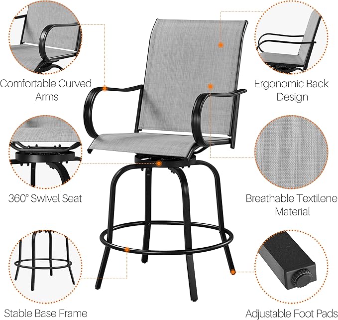 Yaheetech Patio Swivel Barstools Outdoor Chairs Set of 6, High Bistro Stools Outdoor Furniture, All-Weather Patio Stools for Outside, Beach, Lawn, Poolside and Garden, Black/Light Gray