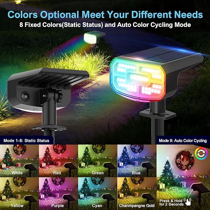Color Changing Solar Spot Lights Outdoor Waterproof IP65,9 Lighting Modes Multicolor RGB Christmas Spotlight for Porches Yard Gardens Landscape Deconrations-8 Pack