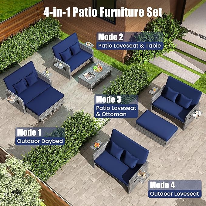 LDAILY Moccha Outdoor Daybed, Wicker Loveseat Sofa Set with 4-Postion Adjustable Backrest, Storage Ottoman, Cushions, Rattan Double Bed Lounger, Patio Furniture Set (Mixed Gray+Navy)