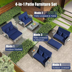 LDAILY Moccha Outdoor Daybed, Wicker Loveseat Sofa Set with 4-Postion Adjustable Backrest, Storage Ottoman, Cushions, Rattan Double Bed Lounger, Patio Furniture Set (Mixed Gray+Navy)