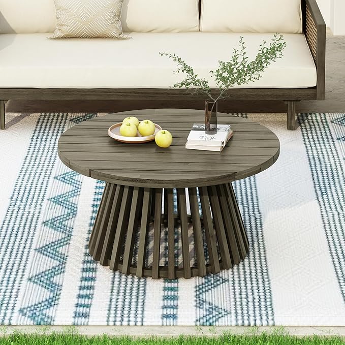 Merax Patio Outdoor Acacia Wood Round Coffee Table for Backyard, Lawn, Balcony, Grey Finish