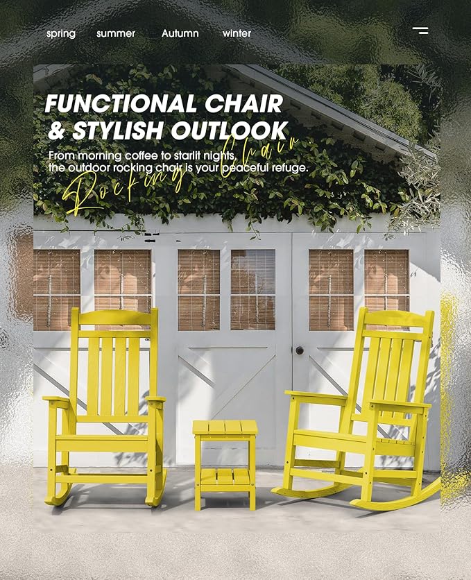 KINGYES HDPE Rocking Chairs Outdoor, Patio Rocking Chairs with 330lbs Support, Smooth Porch Rocker for Deck Lawn Yard, Yellow