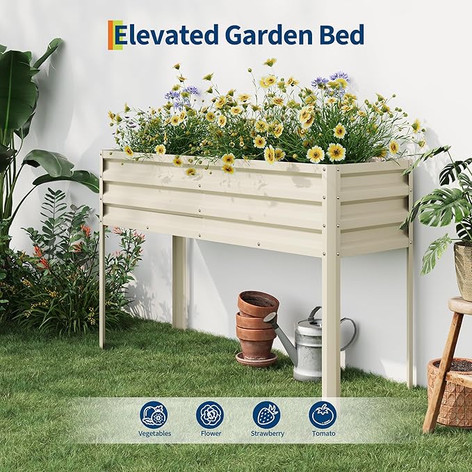 Galvanized Raised Garden Bed with Legs, 50×17×32 in Large Elevated Planter Box for Outdoor Plants, Sturdy Metal Raised Garden Beds for Vegetables, Flowers & Herbs, Backyard, Patio, Beige
