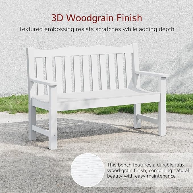 Stoog 2-Person Outdoor Bench, All-Weather HIPS Plastic Garden Bench with 800 lbs Capacity, Never Rot or Fade, Used for Garden, Deck, Backyard and Park, White
