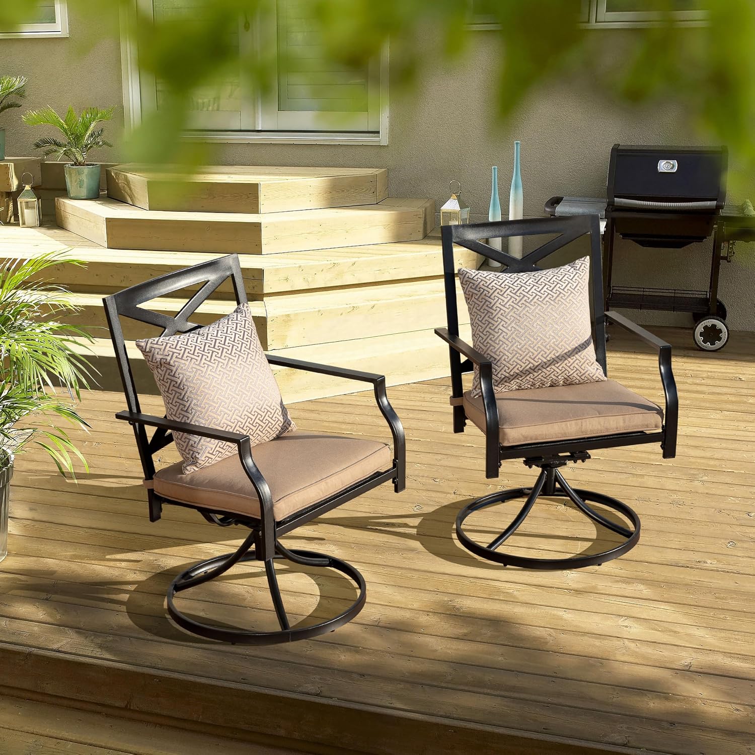 NUU GARDEN Outdoor Patio Swivel Chair Set of 2, Iron Swivel Rocker Dining Chairs with Padded Cushions, Comfortable Outdoor Chairs for Patio, Garden, Backyard & Balcony, Black and Beige