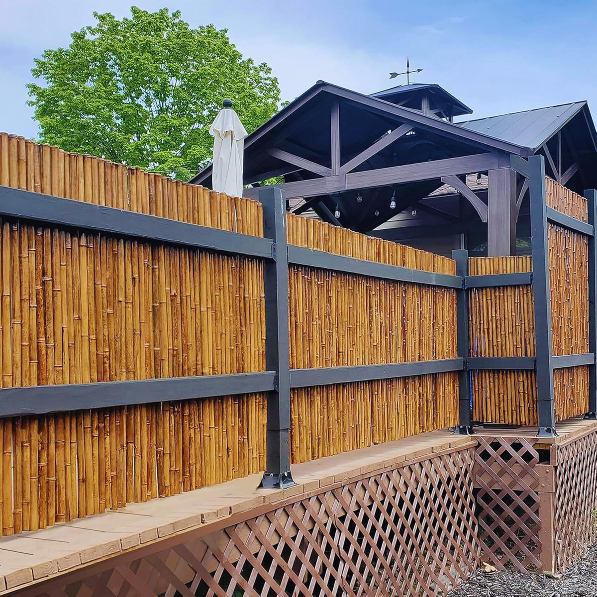forever bamboo caramel brown bamboo fencing decorative rolled shown in use