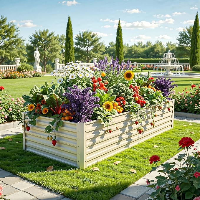 YITAHOME 6x3x2ft Large Raised Garden Bed Kit, Galvanized Metal Planter Box with Gloves, Support Rod, Outdoor Above Ground Planters for Plants Vegetables Flowers, Cream Yellow
