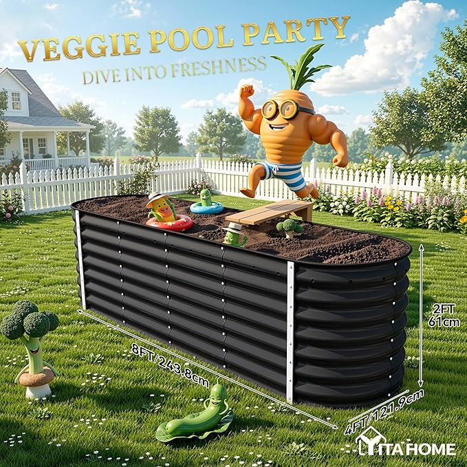 YITAHOME 24" Tall 9 in 1 Large Raised Garden Bed Kit, 8x2x2ft Galvanized Metal Planter Box with Gloves and Safety Rubber, Outdoor Above Ground Planters for Plants Vegetables Flowers, Black