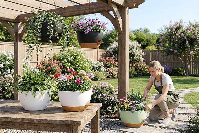 Hanging Planters, 3-Pack 10 Inch Self-Watering Pots with Drainage Holes and Chains, Matte Plastic Planters for Indoor/Outdoor Plant（Black Brown）