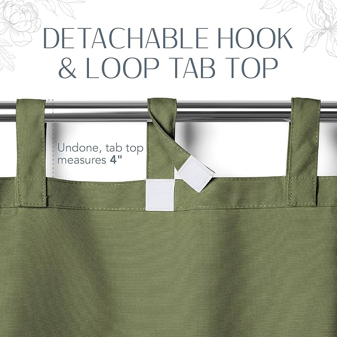 Elrene Home Fashions Matine Weatherproof Tab-Top Indoor/Outdoor Solid Color Curtain Panel for Porch, Pergola, Patio, Deck, 52”W x 95”L, Green