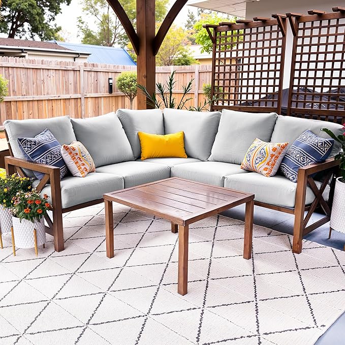 NATURAL EXPRESSIONS 6 Pieces Patio Furniture Sets,Sunbrella Outdoor Furniture Sets Patio L Shape Sectional Couch Sofa Patio Conversation Sets with 6.5" Grey Cushions,Hand-Paint Fauxwood Metal Frame