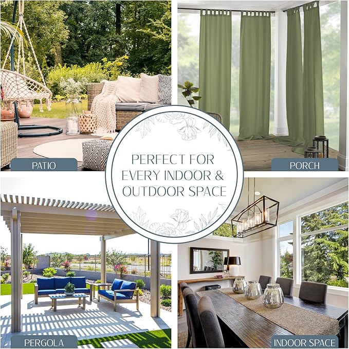 Elrene Home Fashions Matine Weatherproof Tab-Top Indoor/Outdoor Solid Color Curtain Panel for Porch, Pergola, Patio, Deck, 52”W x 95”L, Green
