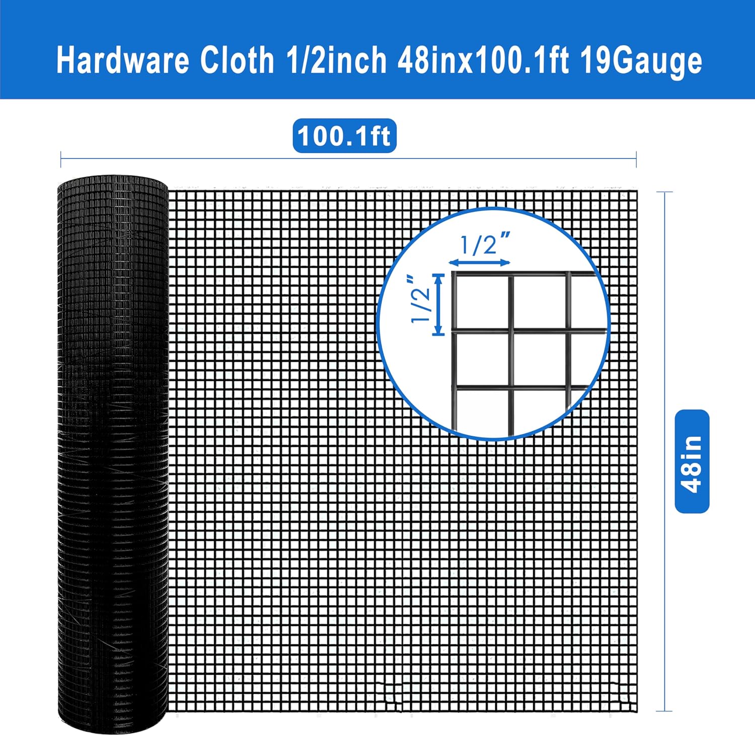Black Hardware Cloth 1/2 in 48 x 100 ft 19 Gauge Mesh | PVC coated wire mesh, Shape Retention, Easy to Cut, Chicken Run, Garden Fence, Tree Guard, Animal Enclosure