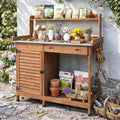 outdoor potting bench with metal top, sliding drawer, main product view