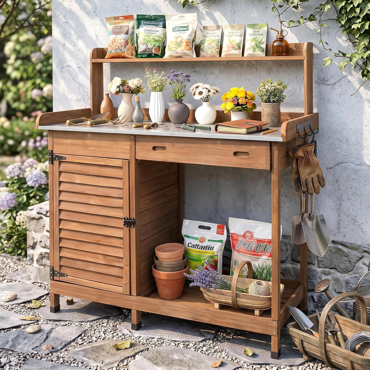 outdoor potting bench with metal top, sliding drawer, main product view
