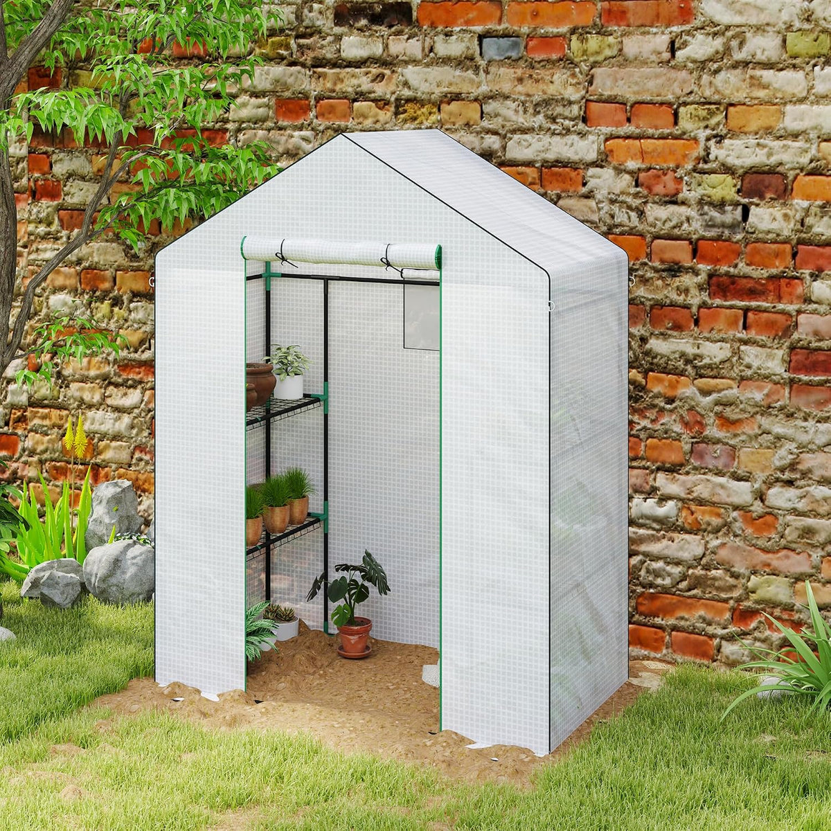 outsunny walk-in greenhouse with 3 tier 4 shelves, front angle view