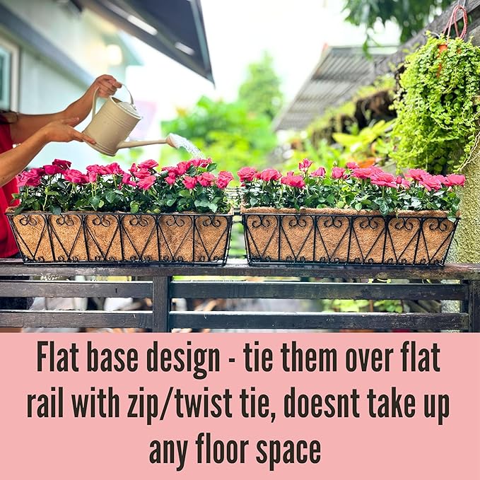 LaLaGreen Wall Planter - 4 Pack, 30 Inch Large Black Window Flower Basket Boxes Outdoor Attach House, Rectangular Deck Railing Hanging Pot with Coco Liner Over Rail Fence Balcony Patio Porch