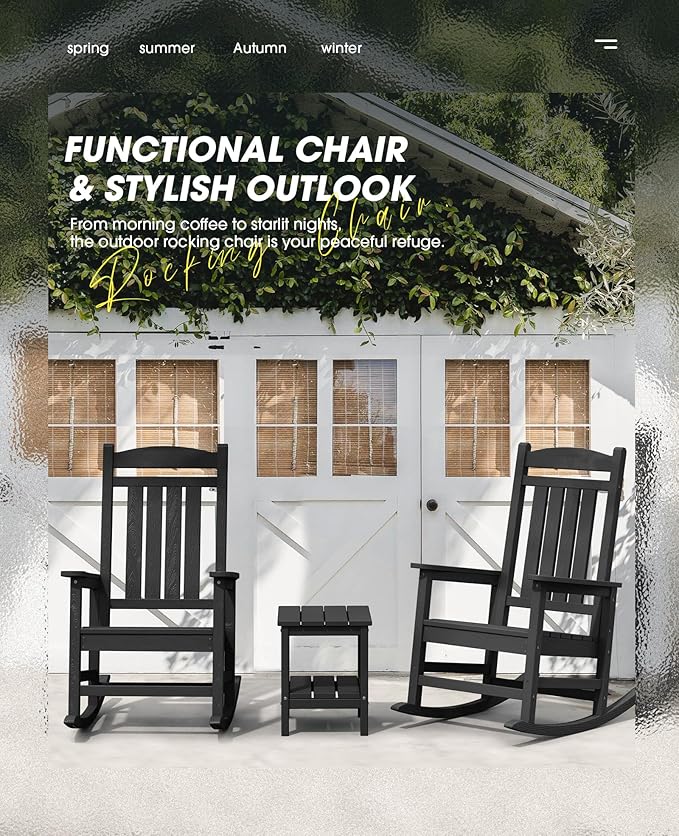KINGYES Outdoor Rocking Chairs, HDPE All-Weather Patio Rocking Chairs High Back Porch Rocker for Adult, Black