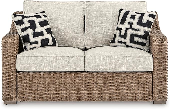 Signature Design by Ashley Beachcroft Casual Nuvella Weather Resistant Fabric, Resin Wicker Outdoor Loveseat with Cushion and 2 Accent Pillows, Dark Brown & Beige