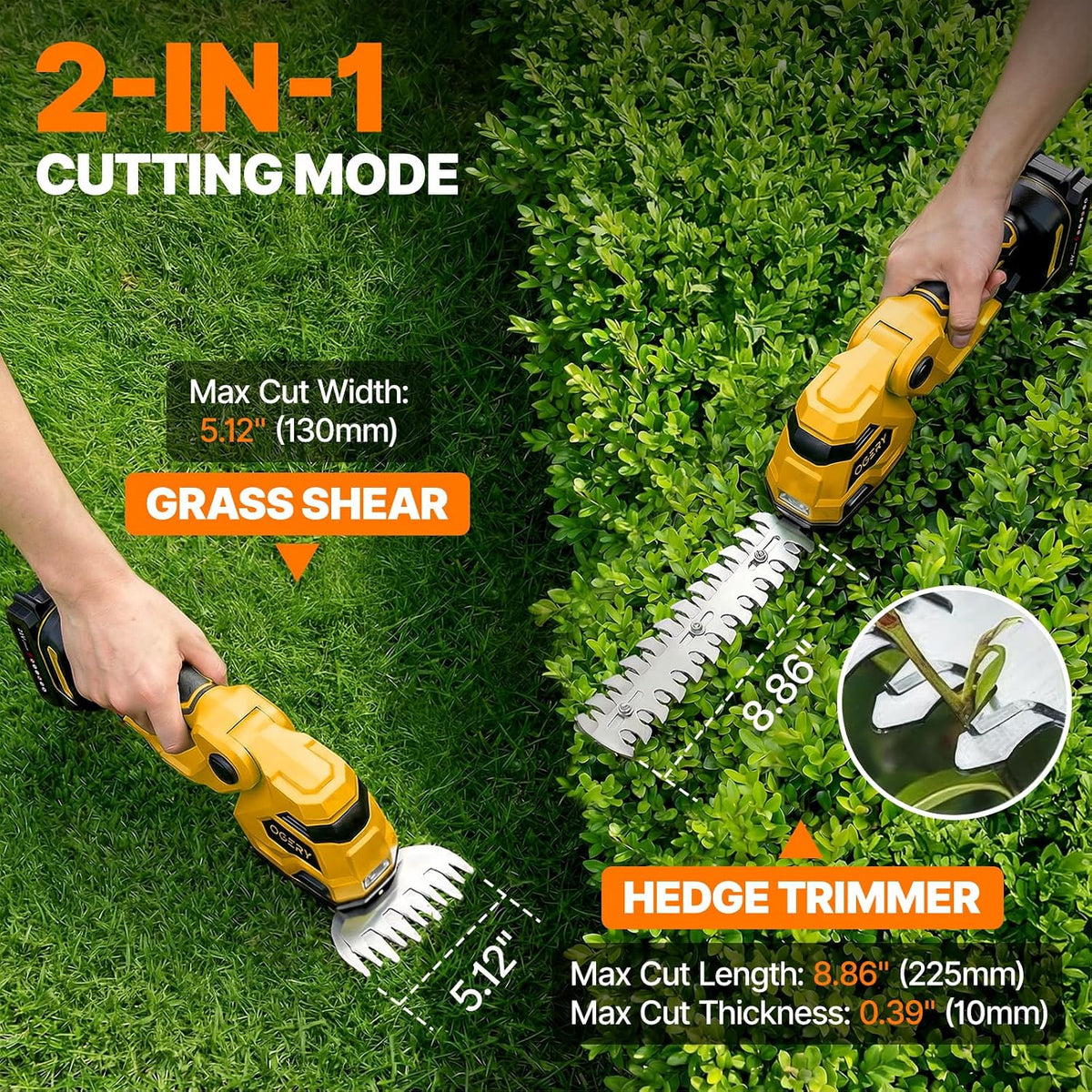 ogery 21v cordless hedge trimmer & grass shears shown in use