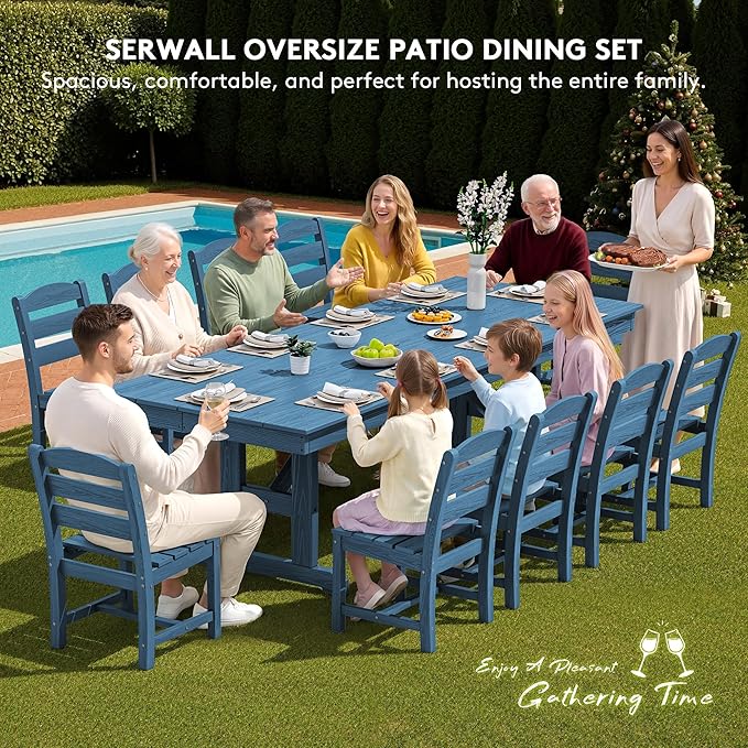SERWALL Outdoor Dining Chairs Set of 4, All-Weather HDPE Patio Chair with 19.7" Widened Seat, for Backyard, Garden, Blue