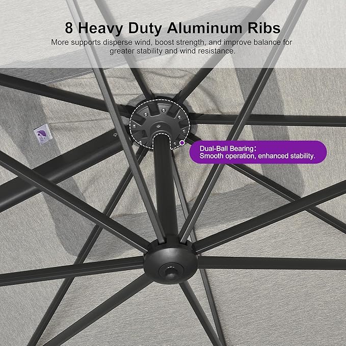 PURPLE LEAF 9' X 11.5' Rectangle Cantilever Umbrella with Base Outdoor Large Aluminum Patio Umbrella with 3-Year Fade Resistance Recycled Fabric and 360-degree Rotation for Deck Garden, Pebble Grey