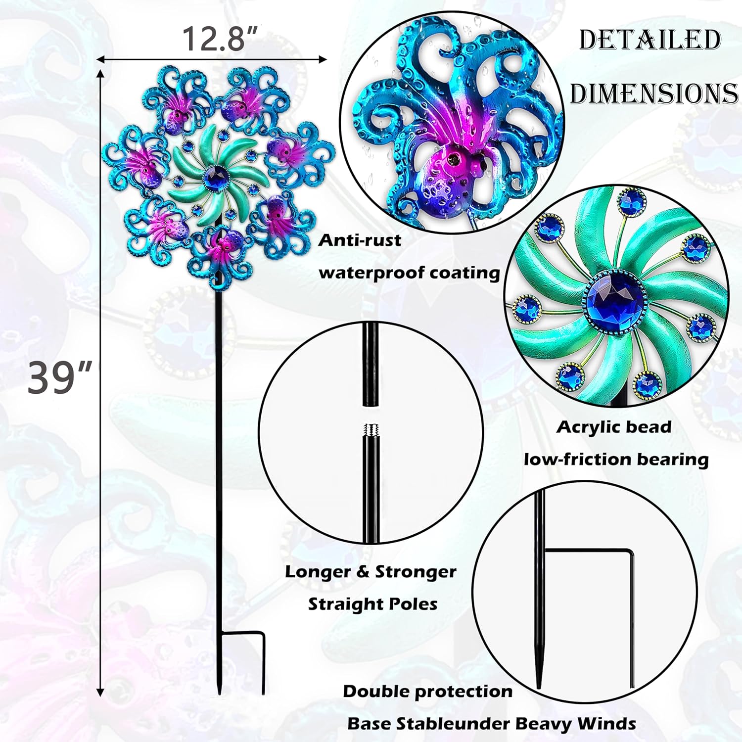 COOZZYHOUR 39" Octopus Wind Spinners for Yard and Garden Stake,Ocean Theme Outdoor Decor - Metal Windmill, Wind Sculpture Decorations for Patio,Lawn