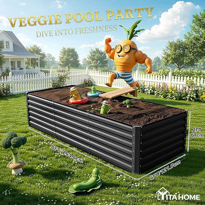 YITAHOME 8x4x2ft Large Raised Garden Bed Kit, Galvanized Metal Planter Box with Gloves, Ground Nails, Support Rod & Safety Rubber, Outdoor Above Ground Planters for Plants Vegetables Flowers, Black