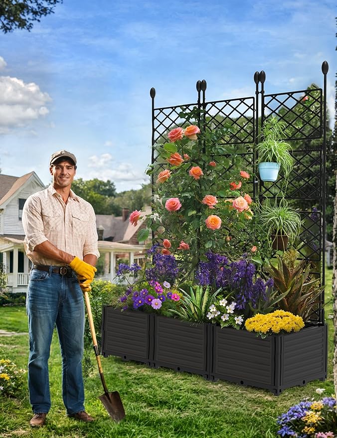 3 PCS Raised Garden Bed with Trellis,63" h Vertical Planter Box with Drainage Holes for Climbing Plants, Patio Privacy Screen & Balcony Garden