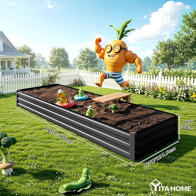 YITAHOME 12x4x1ft Large Raised Garden Bed Kit, Galvanized Metal Planter Box with Gloves, Ground Nails, Support Rod, Outdoor Above Ground Planters for Plants Vegetables Flowers, Black