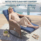Zero Gravity Patio Rocking Wicker Recliner Chair - Wicker Outdoor Lounge Chair with Adjustable Backrest & Footrest, All Weather Reclining Rocker Chairs with Thick Cushion for Pool Deck Blue