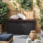 Flamaker Deck Box with Cushion 100 Gallon Waterproof Resin Storage Box with Air Rod Indoor Outdoor Lockable Storage Bench for Patio Furniture, Tools, Pool Accessories (Deep Brown)