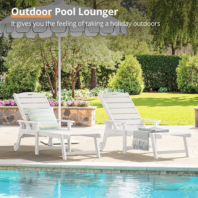 LUE BONA Outdoor Chaise Lounge, HDPS Chaise Lounger, 5 Positions Adjustable Lounge Chairs, Pool Lounge Chair with Wheels for Poolside, Backyard, White