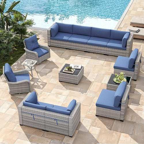 10-Seat Modern Patio Furniture Set with Swivel Rocking Chairs, Thick 4″ Cushions, Dual-Strand Wicker Rattan, Rust-Resistant Steel Frame – Outdoor Conversation & Modular Sectional,Navy