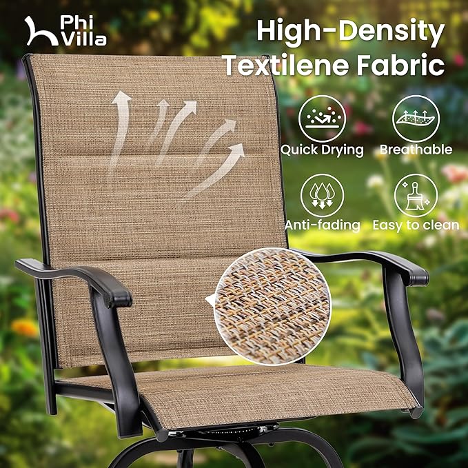 PHI VILLA 3 Piece Outdoor Swivel Bar Stools Set, Bar Height Patio Set with 2 Padded Textilene Fabric Chairs, All-Weather High Top Patio Bistro Table and Chairs Furniture, Brown