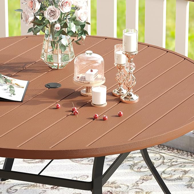 VICLLAX 60" Outdoor Round Patio Table for Lawn Garden, All Weather Metal Round Patio Dining Table with Adjustable Umbrella Hole, Oudoor Table for 8-10 Person, Walnut Wood-Like Tabletop