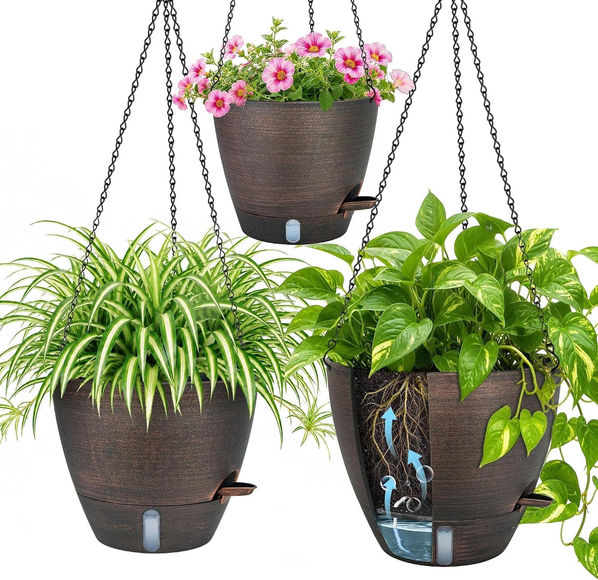 zmtech 12/10/8 inch self watering hanging planter, bronze, main product view