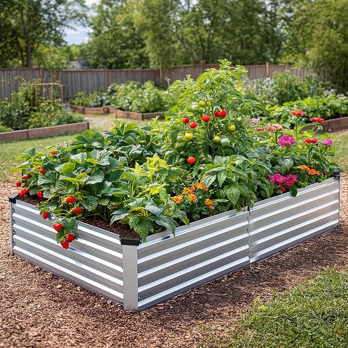 2 Pack 6x3x1FT Galvanized Metal Raised Garden Bed Kit for Vegetables, Herbs, Open-Bottom Large Capacity Outdoor Planter Box Gardening Stakes, Silver