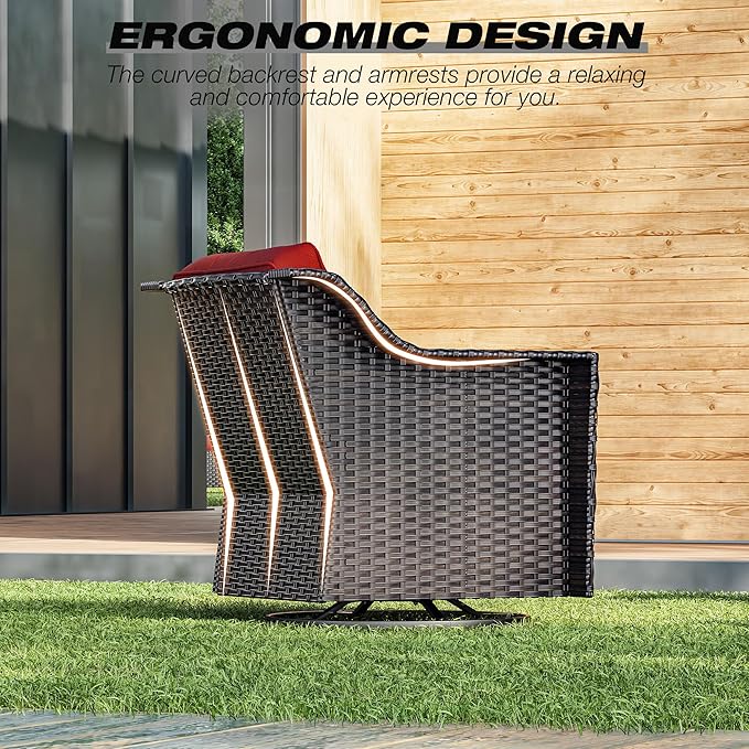 Joyside Wicker Patio Furniture Sets, 5 Pieces Upgraded Large Size Outdoor Furniture with Swivel Rocking Patio Chairs, 3-Seat Sofa, Fire Table, Coffee Table, Thick Cushions, Wide Armrest, Red