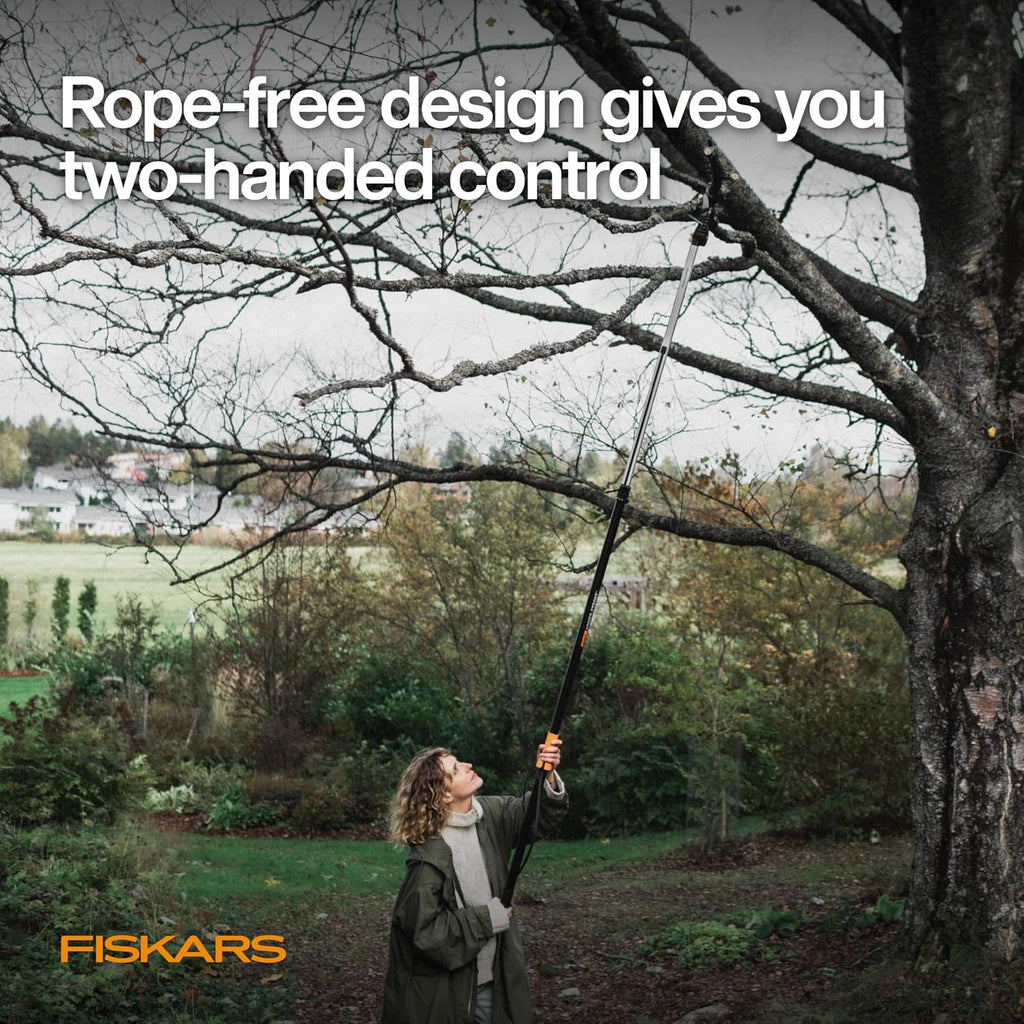 Fiskars 2-in-1 Extendable Tree Pruner and Pole Saw (Extends 7.9 - 12 feet) with Rotating Head, Pruning Stik Model with 15-Inch Double-Grind Saw Blade, and Double Locking System
