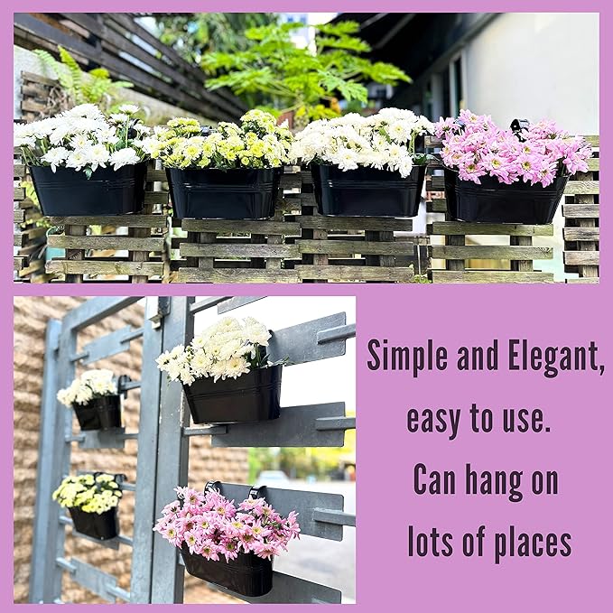 LaLaGreen Outdoor Rail Planter (11.8 Inch, 4 Pack) Black Metal Iron Hanging Flower Pots Deck Railings Fence Buckets Modern Countryside Boho Style Wall Mount Window Box Plant Holder Hooks Porch Decor