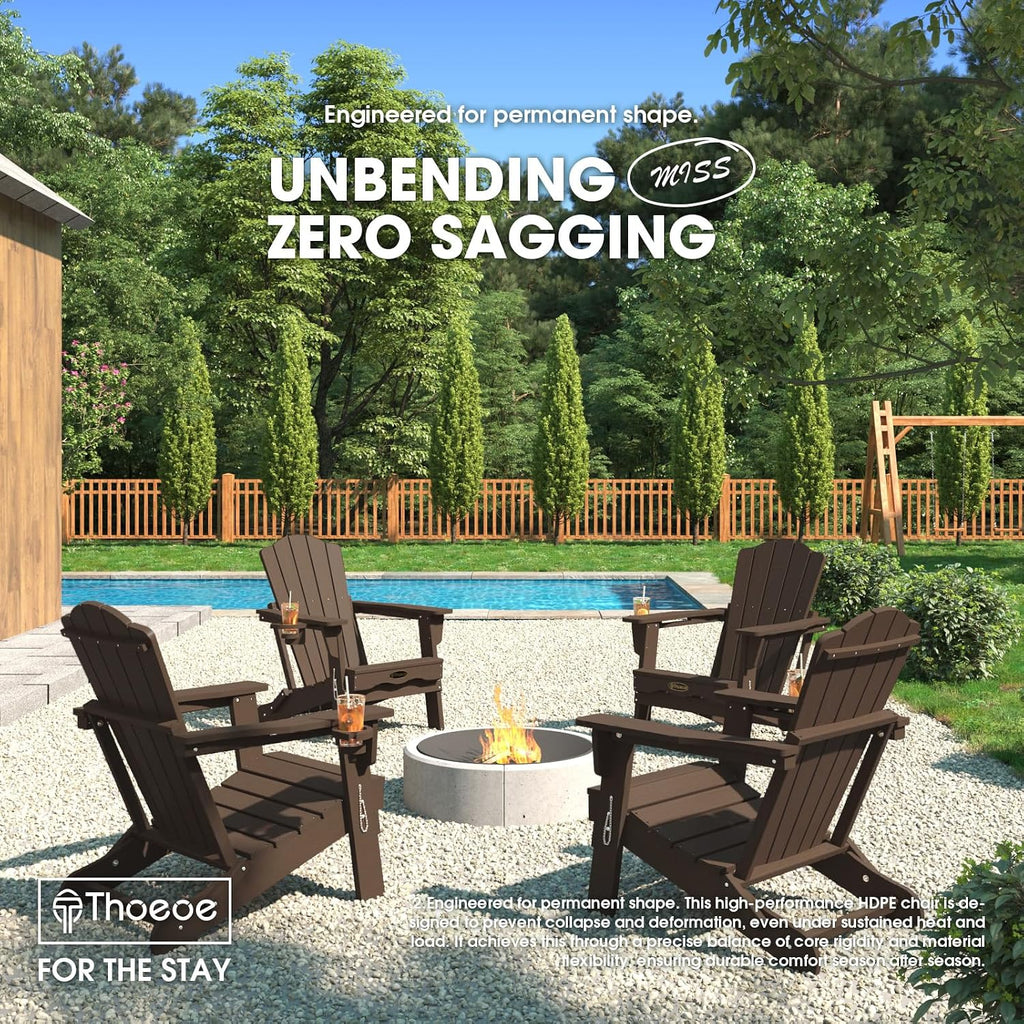 THOEOE Folding Adirondack Chair Set of 2, HDPE Plastic Patio Chairs | All-Weather Outdoor Chairs, Oversized Fire Pit Chairs, with Cup Holder, Wood Grain, for Deck, Backyard, Garden, Lawn, Brown