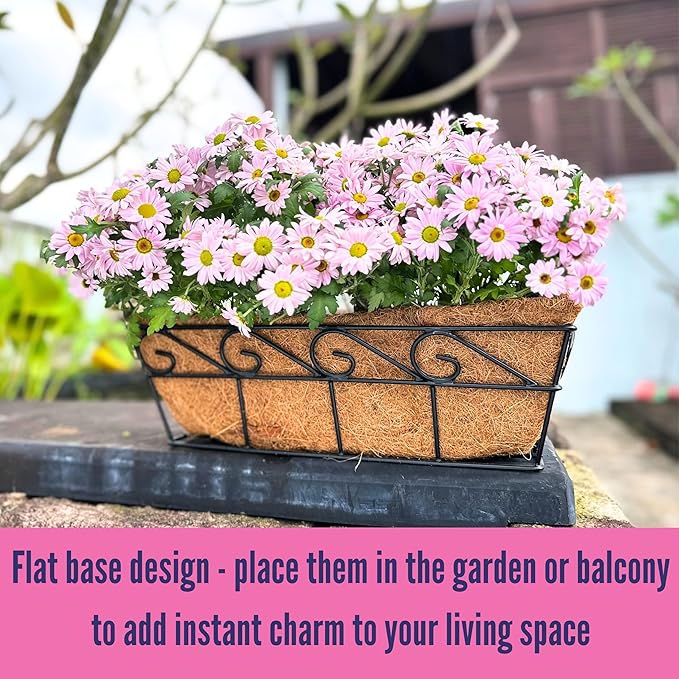 LaLaGreen Wall Mounted Planters - 16 Inch, 4 Pack Window Flower Boxes Basket Outdoor, Balcony Planter Over The Rail, Deck Railing Hanging with Coco Liners, Metal Horse Troughs Fence Patio Porch