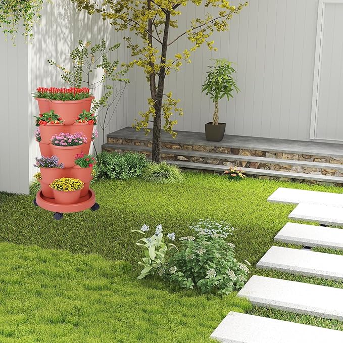 5-Tier Vertical Garden Tower Stackable Planter for Strawberries, Flowers, Vegetables & Herbs 2-Pack