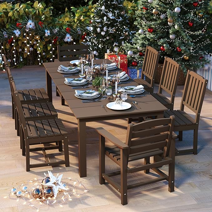 9-Piece Outdoor Dining Set for 8, 75.2'' HDPE Table with Umbrella Hole & Chairs, Weather-Resistant Patio Furniture for Lawn, Yard, Balcony, Deck (Brown)