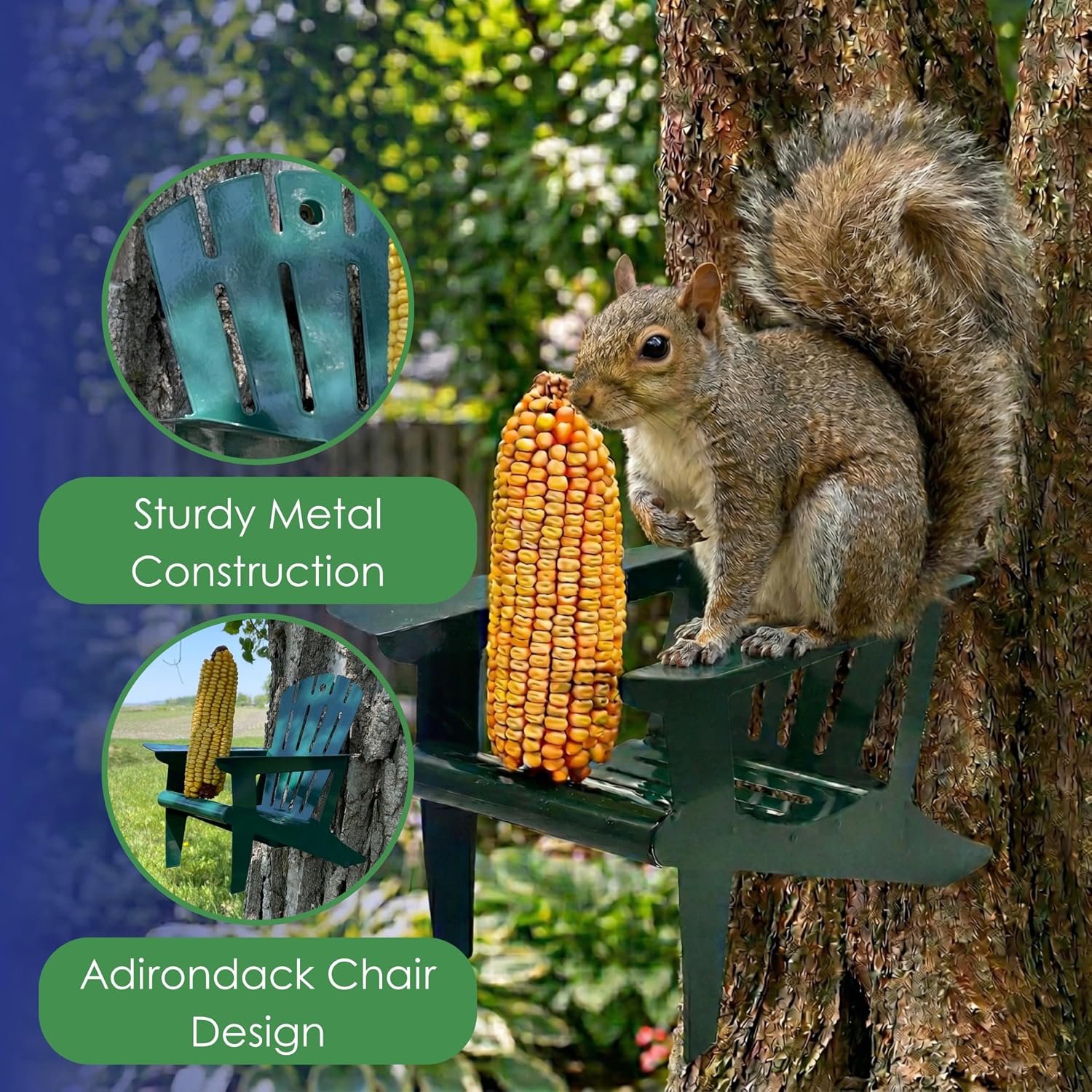 Hunter Green Adirondack Chair Squirrel Feeder | Metal Chair Holds 1 Corn Cob or Orange Slice - Mounts to Any Tree or Post, Attracts Squirrels, Orioles and Blue Jays