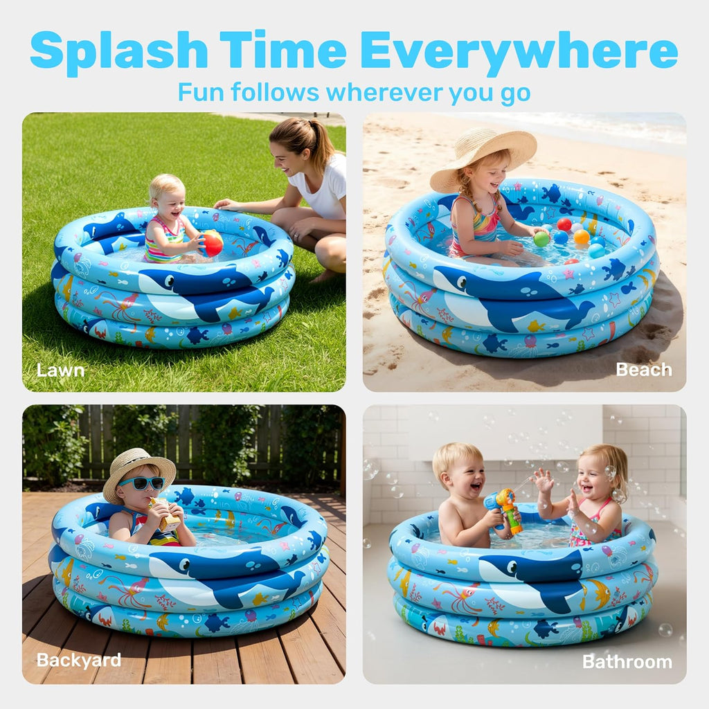 Sloosh Inflatable Kiddie Pool, 34"x10" Blow Up Kid Swimming Pool, 3 Rings Blue Baby Pool for Toddler, Play Pit for Dog with Ocean Whale Pattern for Summer Water Party Backyard Garden(Whale)