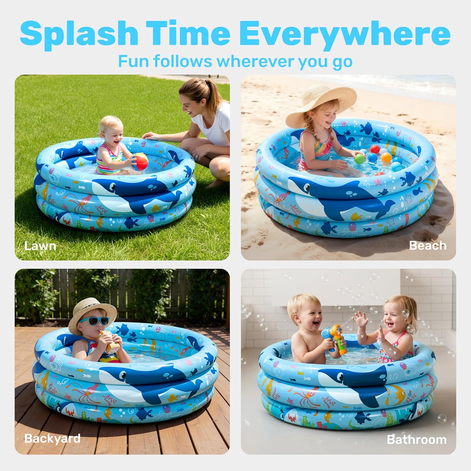 Sloosh Inflatable Kiddie Pool, 34"x10" Blow Up Kid Swimming Pool, 3 Rings Blue Baby Pool for Toddler, Play Pit for Dog with Ocean Whale Pattern for Summer Water Party Backyard Garden(Whale)