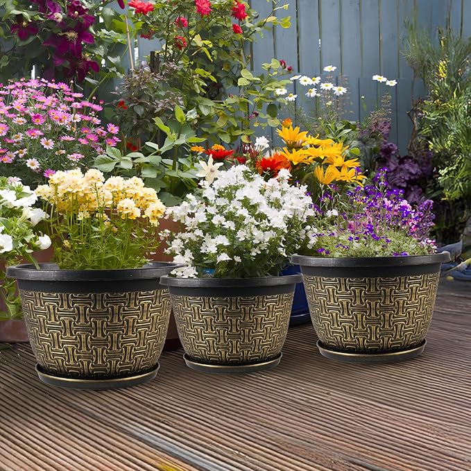 8 Inch Plant Pots, 4 Pack Flower Pot Outdoor with Drainage Holes & Trays, Retro Antique Imitation Decorative Garden Plastic Planters Pots for Plants Indoor Sets for Houseplants