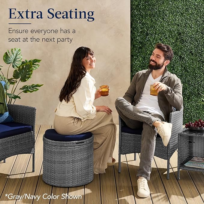 Best Choice Products Round Wicker Ottoman, Multipurpose Outdoor Furniture for Patio, Backyard, Additional Seating, Footrest, Side Table w/Storage, Removable Cushions – Gray/Black